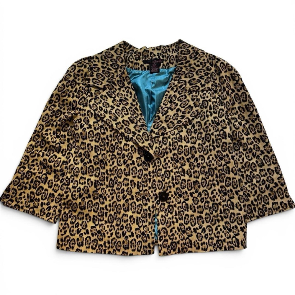 Willi Smith Women Leopard Print Blazer Cropped Turquoise Lining Brown Tan 14